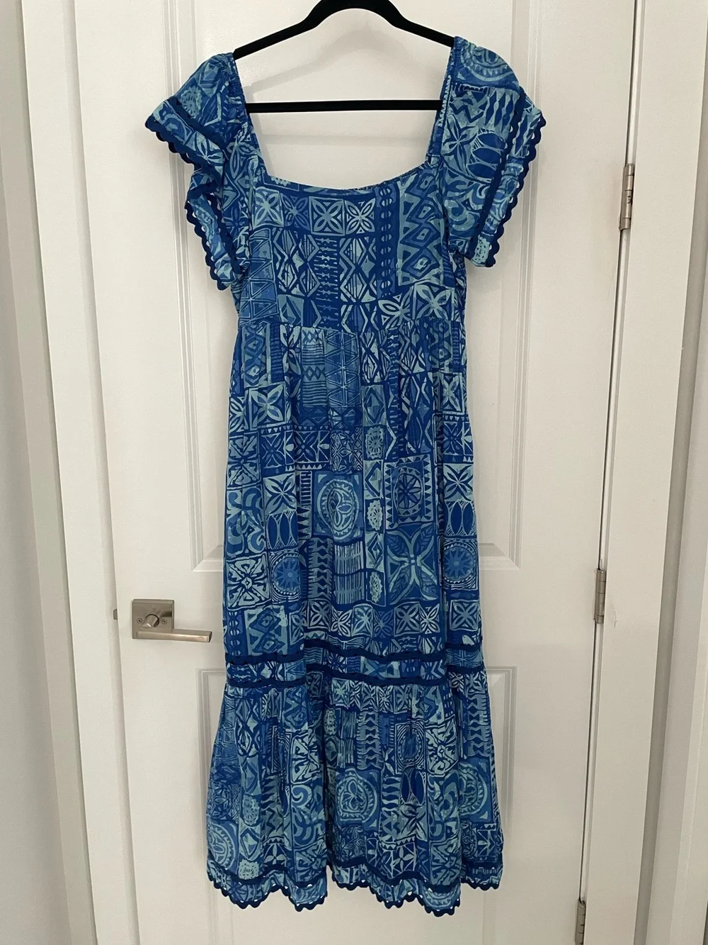 Olivia James Brooke Dress Native Dusk Blue Coastal Luxury Ruffle.         Sk6